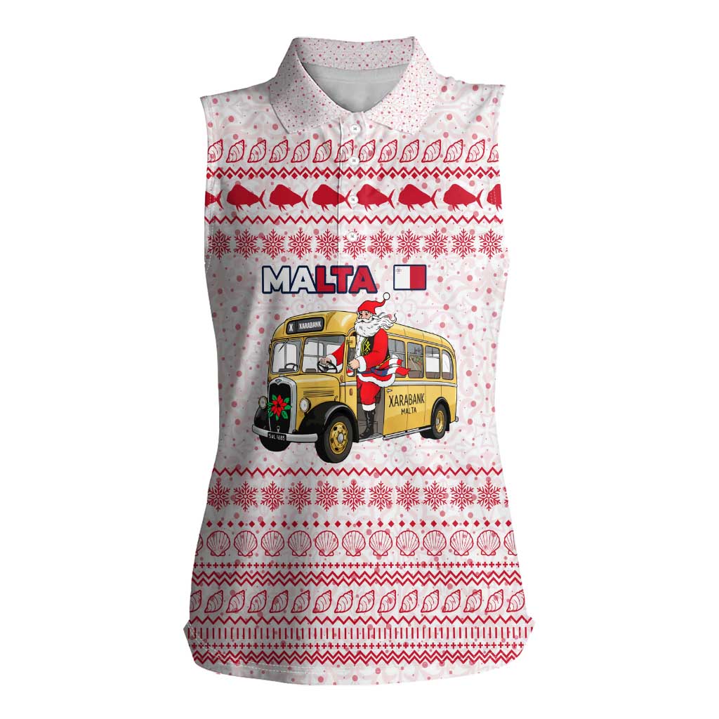 Malta Christmas Women Sleeveless Polo Shirt with Santa Driving Vintage Bus Malta Flag and Red White Festive Pattern Design - Wonder Print Shop