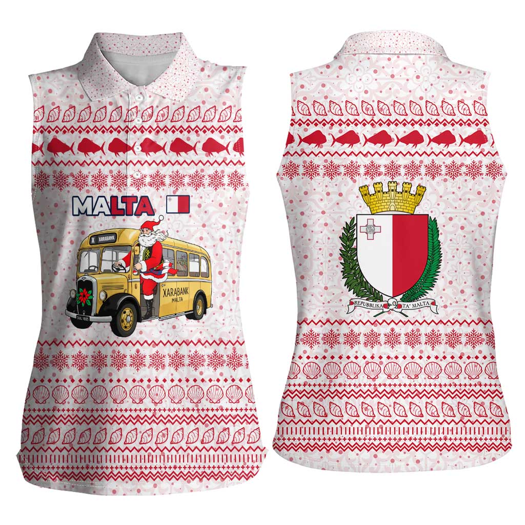 Malta Christmas Women Sleeveless Polo Shirt with Santa Driving Vintage Bus Malta Flag and Red White Festive Pattern Design - Wonder Print Shop