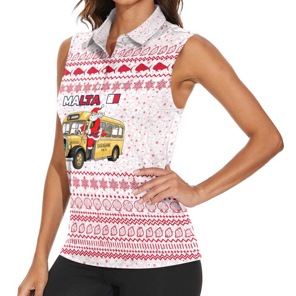 Malta Christmas Women Sleeveless Polo Shirt with Santa Driving Vintage Bus Malta Flag and Red White Festive Pattern Design - Wonder Print Shop