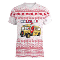 Malta Christmas Women V-Neck T-Shirt with Santa Driving Vintage Bus Malta Flag and Red White Festive Pattern Design - Wonder Print Shop