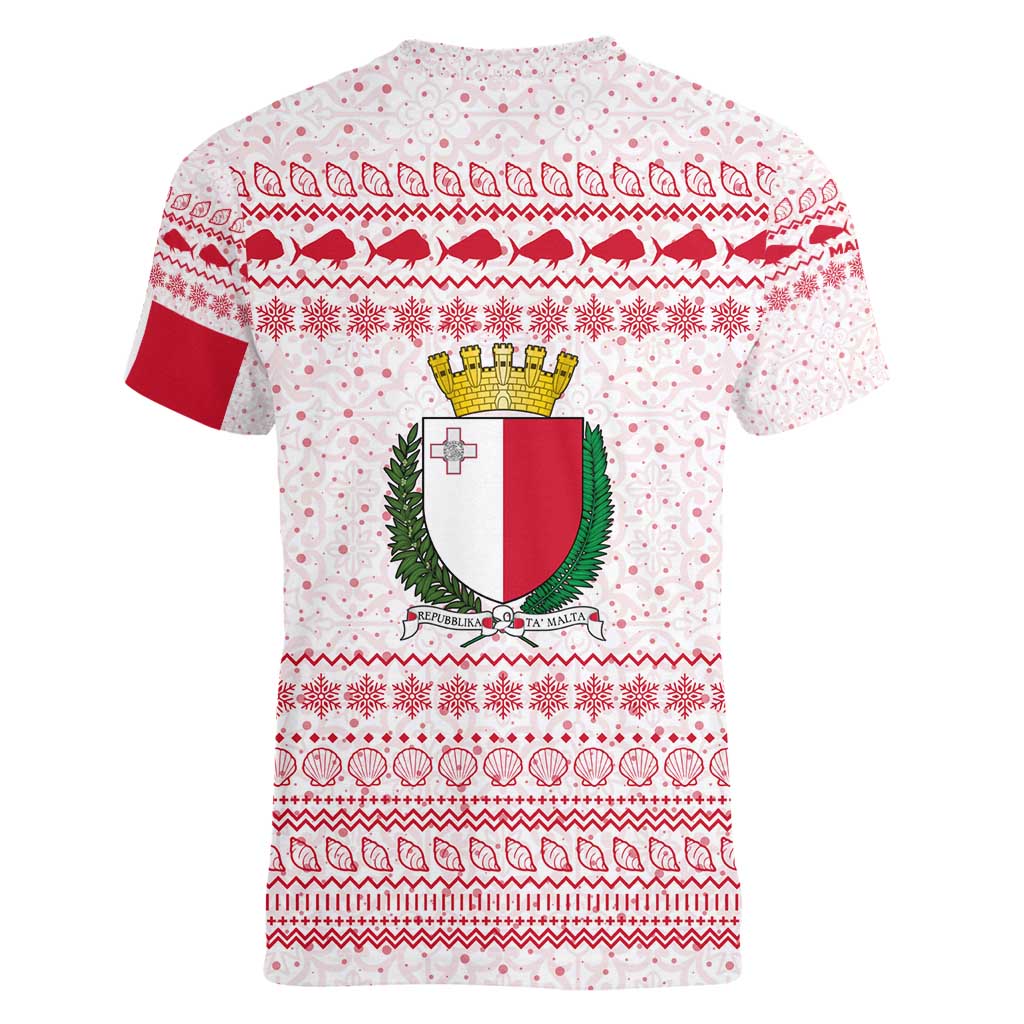 Malta Christmas Women V-Neck T-Shirt with Santa Driving Vintage Bus Malta Flag and Red White Festive Pattern Design - Wonder Print Shop