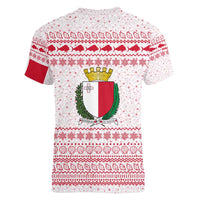 Malta Christmas Women V-Neck T-Shirt with Santa Driving Vintage Bus Malta Flag and Red White Festive Pattern Design - Wonder Print Shop