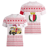 Malta Christmas Women V-Neck T-Shirt with Santa Driving Vintage Bus Malta Flag and Red White Festive Pattern Design - Wonder Print Shop