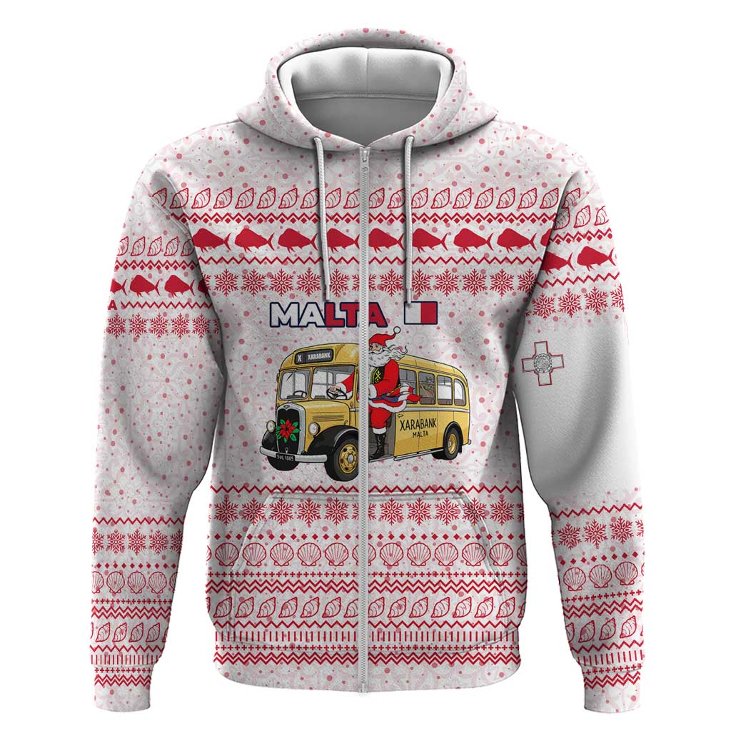 Malta Christmas Zip Hoodie with Santa Driving Vintage Bus Malta Flag and Red White Festive Pattern Design - Wonder Print Shop