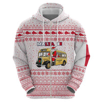 Malta Christmas Zip Hoodie with Santa Driving Vintage Bus Malta Flag and Red White Festive Pattern Design - Wonder Print Shop