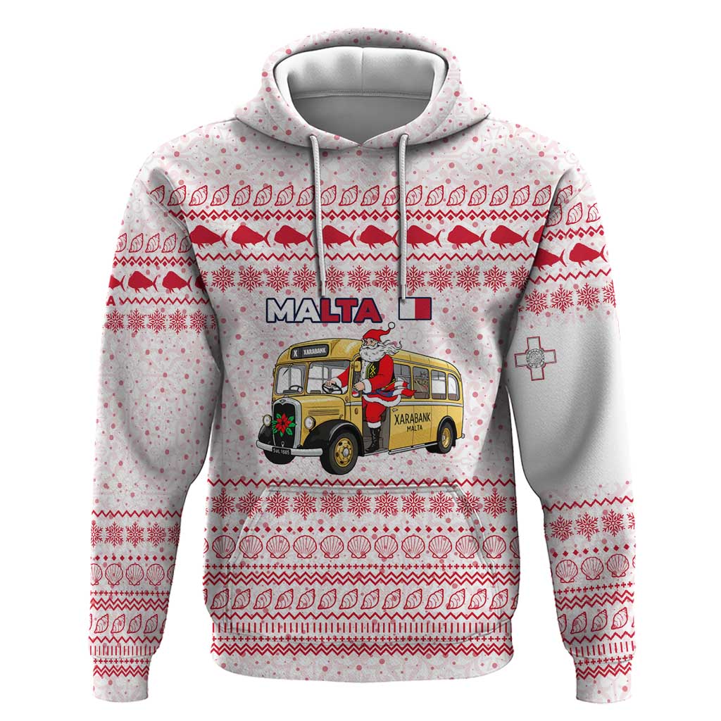 Malta Christmas Zip Hoodie with Santa Driving Vintage Bus Malta Flag and Red White Festive Pattern Design - Wonder Print Shop