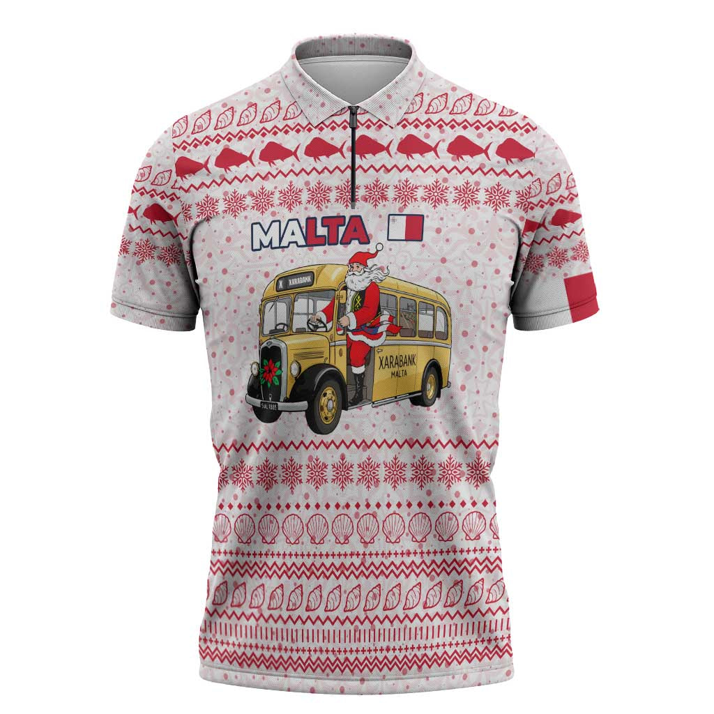 Malta Christmas Zipper Polo Shirt with Santa Driving Vintage Bus Malta Flag and Red White Festive Pattern Design - Wonder Print Shop