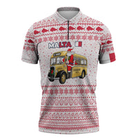 Malta Christmas Zipper Polo Shirt with Santa Driving Vintage Bus Malta Flag and Red White Festive Pattern Design - Wonder Print Shop