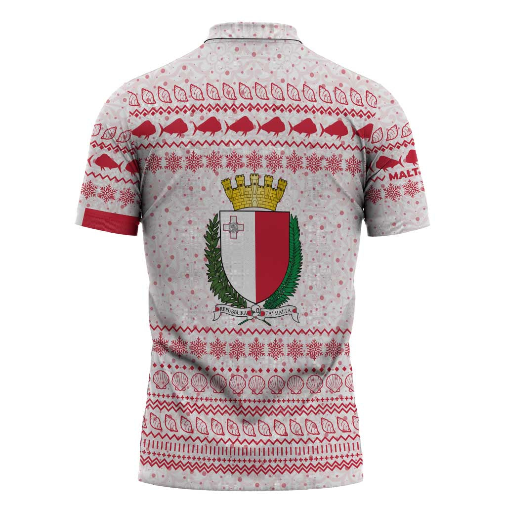 Malta Christmas Zipper Polo Shirt with Santa Driving Vintage Bus Malta Flag and Red White Festive Pattern Design - Wonder Print Shop