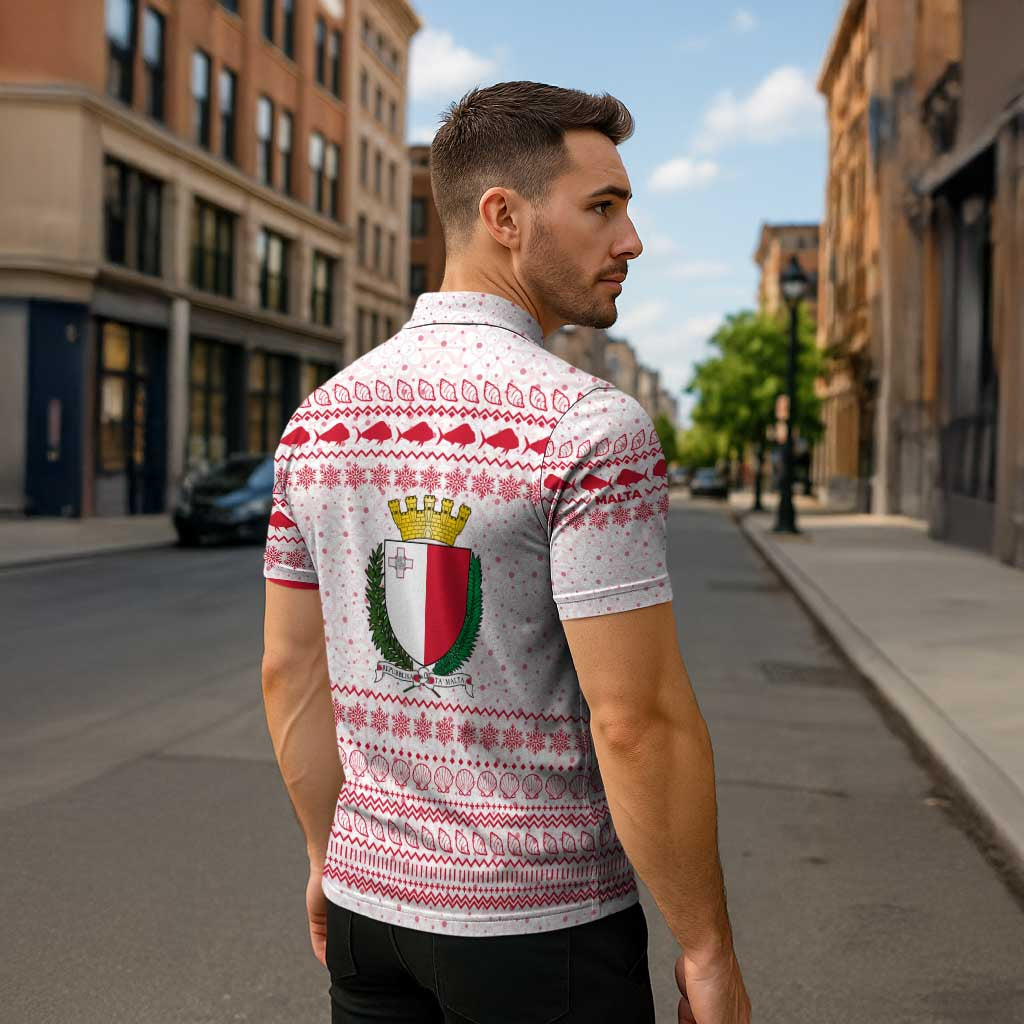 Malta Christmas Zipper Polo Shirt with Santa Driving Vintage Bus Malta Flag and Red White Festive Pattern Design - Wonder Print Shop