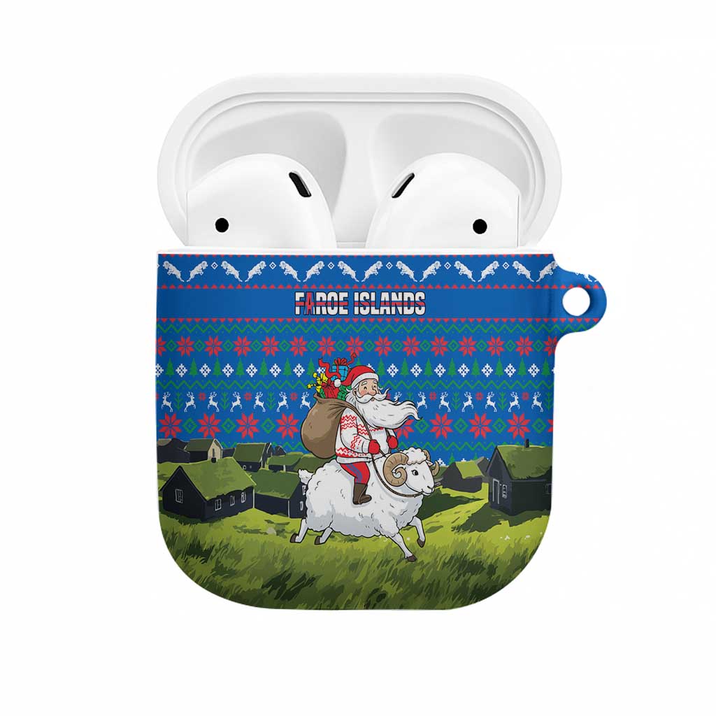 Faroe Islands Christmas AirPods Case with Santa Riding Sheep Grass Roof Houses and Blue Nordic Pattern Design - Wonder Print Shop