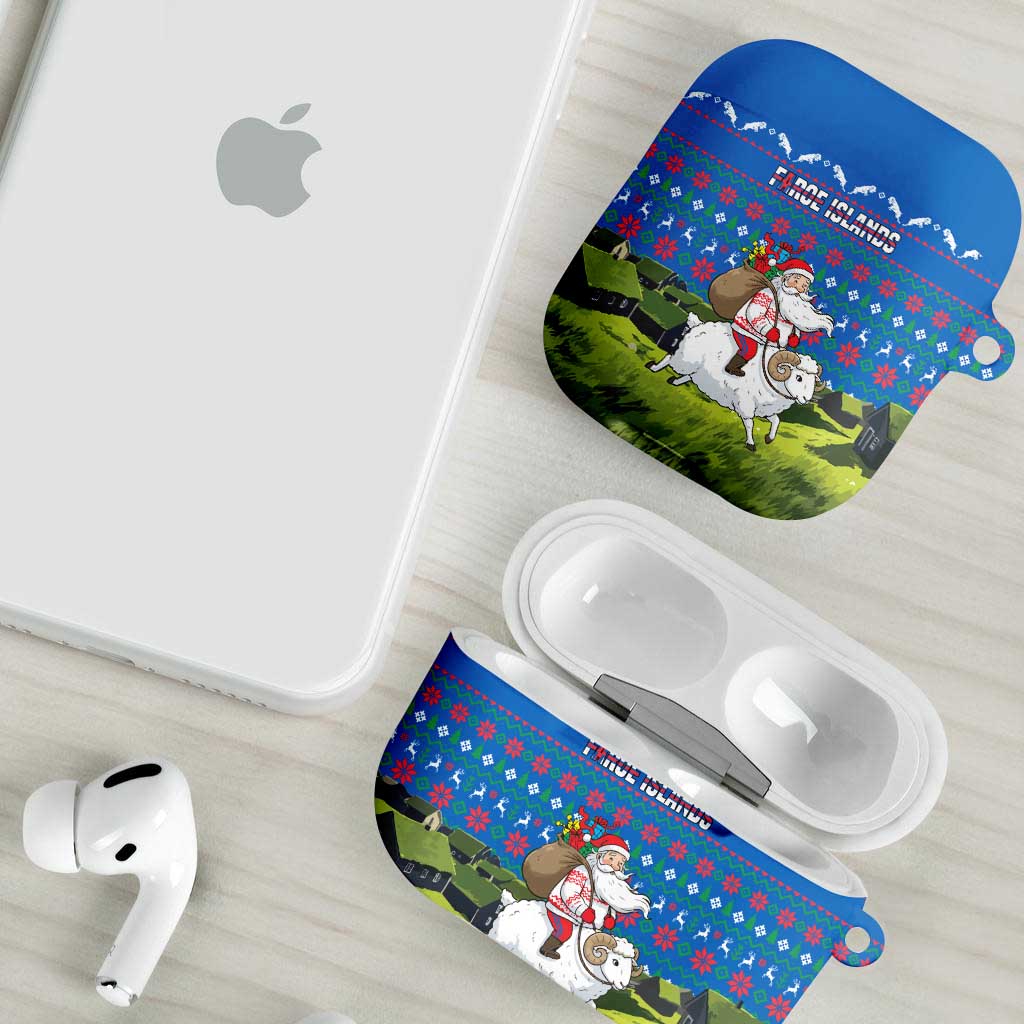 Faroe Islands Christmas AirPods Case with Santa Riding Sheep Grass Roof Houses and Blue Nordic Pattern Design - Wonder Print Shop