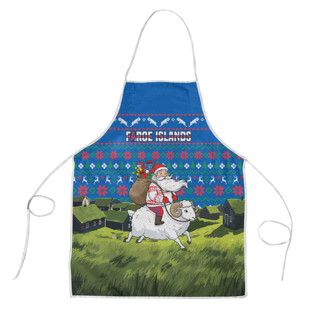 Faroe Islands Christmas Apron with Santa Riding Sheep Grass Roof Houses and Blue Nordic Pattern Design - Wonder Print Shop