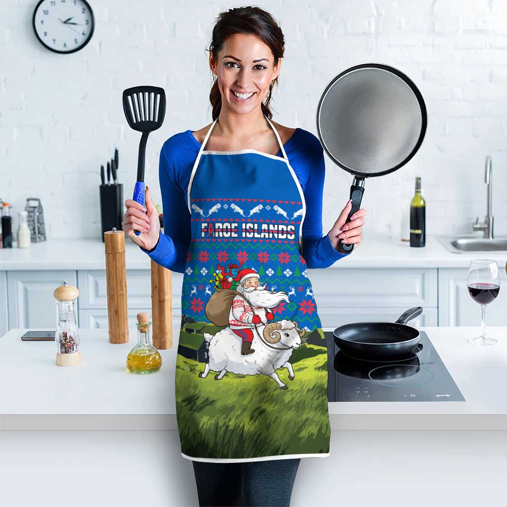 Faroe Islands Christmas Apron with Santa Riding Sheep Grass Roof Houses and Blue Nordic Pattern Design - Wonder Print Shop