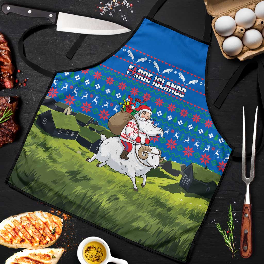 Faroe Islands Christmas Apron with Santa Riding Sheep Grass Roof Houses and Blue Nordic Pattern Design - Wonder Print Shop