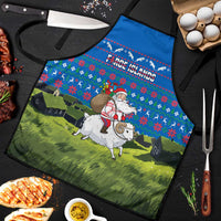 Faroe Islands Christmas Apron with Santa Riding Sheep Grass Roof Houses and Blue Nordic Pattern Design - Wonder Print Shop