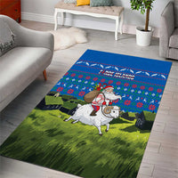 Faroe Islands Christmas Area Rug with Santa Riding Sheep Grass Roof Houses and Blue Nordic Pattern Design - Wonder Print Shop