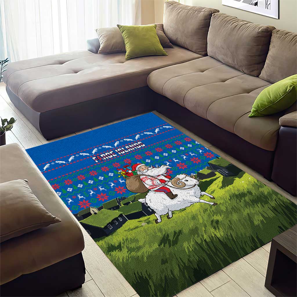 Faroe Islands Christmas Area Rug with Santa Riding Sheep Grass Roof Houses and Blue Nordic Pattern Design - Wonder Print Shop
