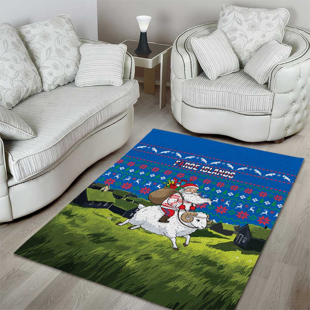 Faroe Islands Christmas Area Rug with Santa Riding Sheep Grass Roof Houses and Blue Nordic Pattern Design - Wonder Print Shop