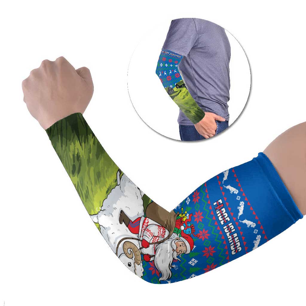 Faroe Islands Christmas Arm Sleeves with Santa Riding Sheep Grass Roof Houses and Blue Nordic Pattern Design - Wonder Print Shop