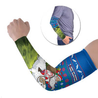 Faroe Islands Christmas Arm Sleeves with Santa Riding Sheep Grass Roof Houses and Blue Nordic Pattern Design - Wonder Print Shop