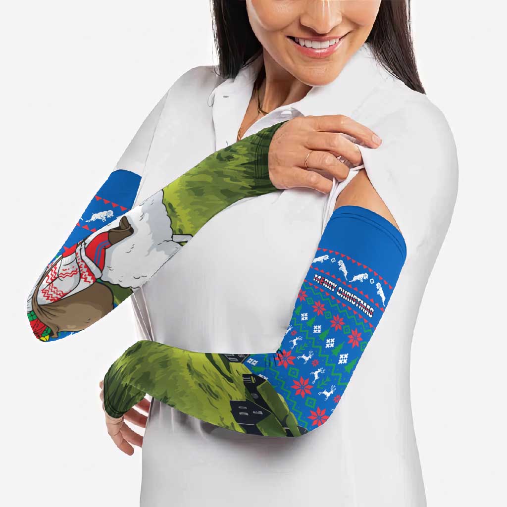 Faroe Islands Christmas Arm Sleeves with Santa Riding Sheep Grass Roof Houses and Blue Nordic Pattern Design - Wonder Print Shop