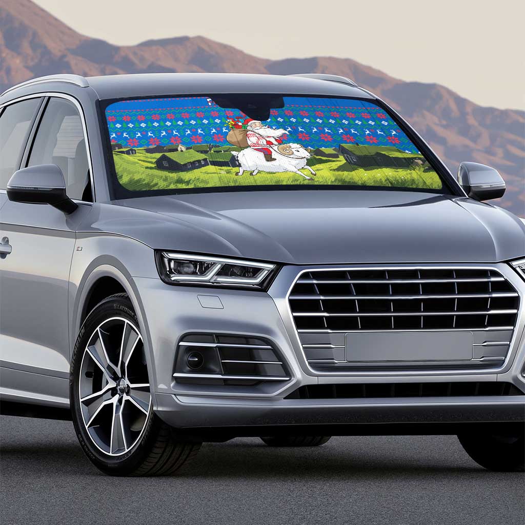 Faroe Islands Christmas Auto Sun Shade with Santa Riding Sheep Grass Roof Houses and Blue Nordic Pattern Design - Wonder Print Shop