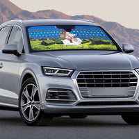 Faroe Islands Christmas Auto Sun Shade with Santa Riding Sheep Grass Roof Houses and Blue Nordic Pattern Design - Wonder Print Shop