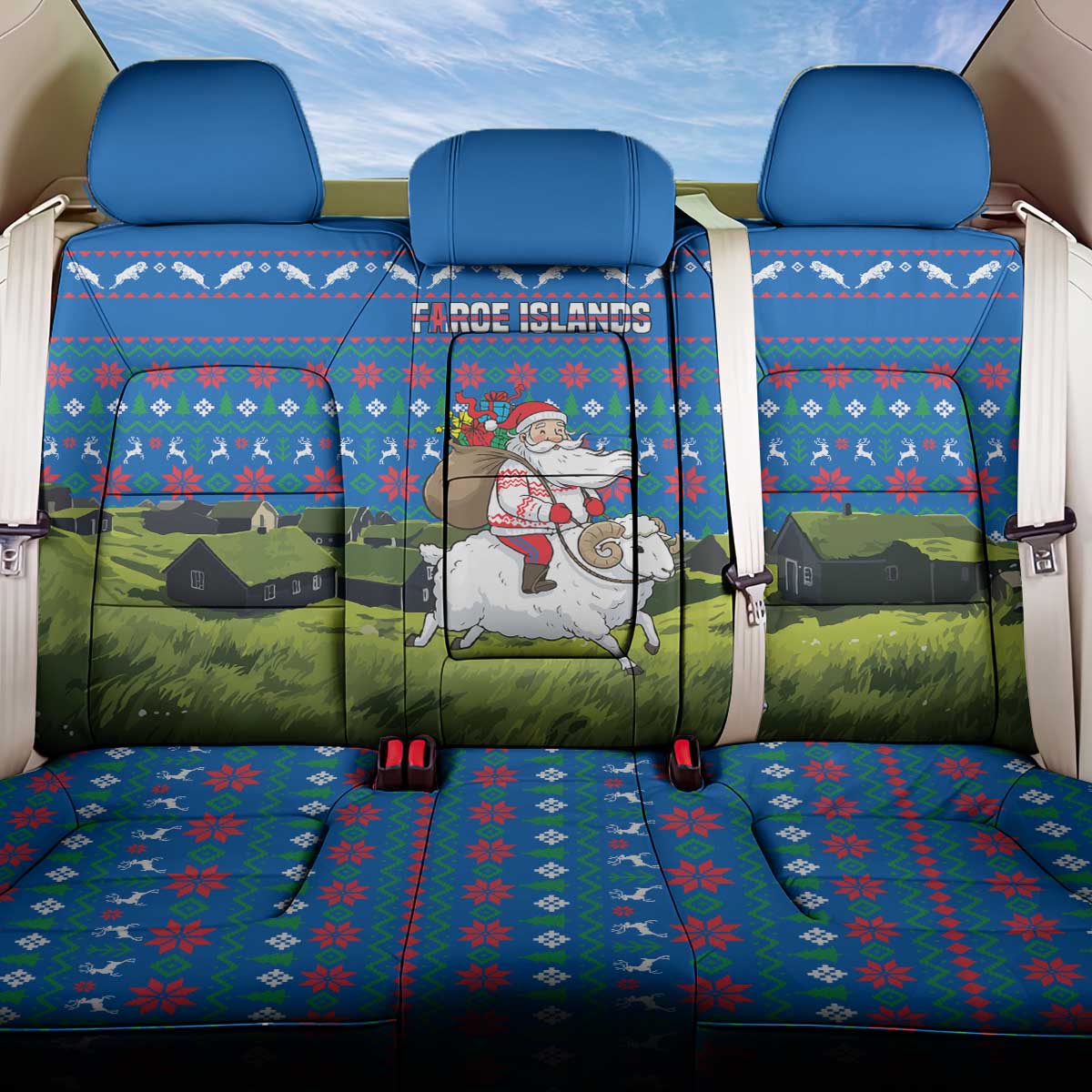 Faroe Islands Christmas Back Car Seat Cover with Santa Riding Sheep Grass Roof Houses and Blue Nordic Pattern Design - Wonder Print Shop