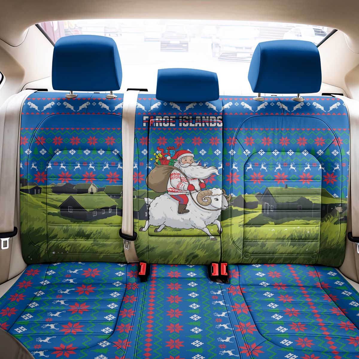 Faroe Islands Christmas Back Car Seat Cover with Santa Riding Sheep Grass Roof Houses and Blue Nordic Pattern Design - Wonder Print Shop