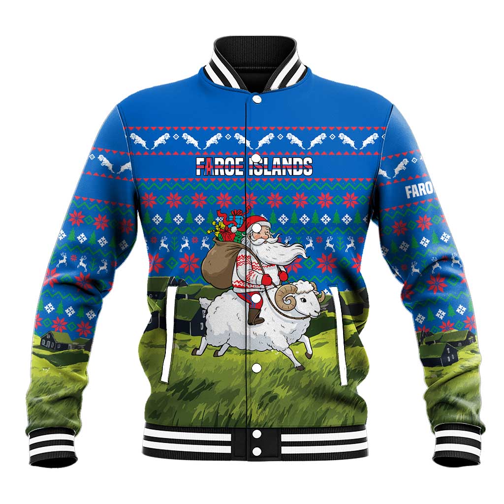 Faroe Islands Christmas Baseball Jacket with Santa Riding Sheep Grass Roof Houses and Blue Nordic Pattern Design - Wonder Print Shop