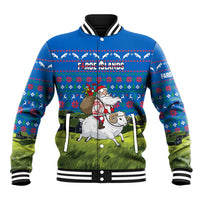 Faroe Islands Christmas Baseball Jacket with Santa Riding Sheep Grass Roof Houses and Blue Nordic Pattern Design - Wonder Print Shop