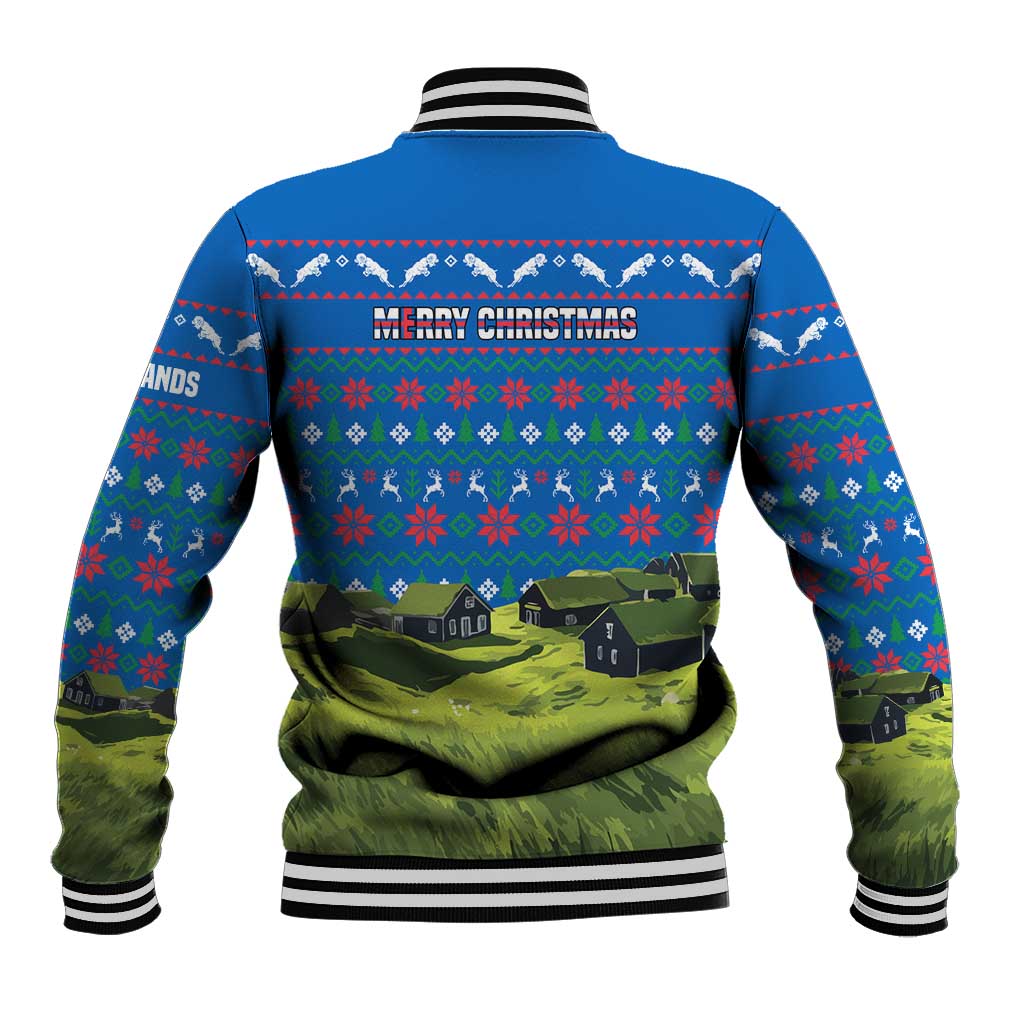 Faroe Islands Christmas Baseball Jacket with Santa Riding Sheep Grass Roof Houses and Blue Nordic Pattern Design - Wonder Print Shop