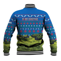 Faroe Islands Christmas Baseball Jacket with Santa Riding Sheep Grass Roof Houses and Blue Nordic Pattern Design - Wonder Print Shop
