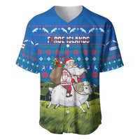 Faroe Islands Christmas Baseball Jersey with Santa Riding Sheep Grass Roof Houses and Blue Nordic Pattern Design - Wonder Print Shop