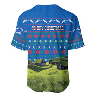 Faroe Islands Christmas Baseball Jersey with Santa Riding Sheep Grass Roof Houses and Blue Nordic Pattern Design - Wonder Print Shop