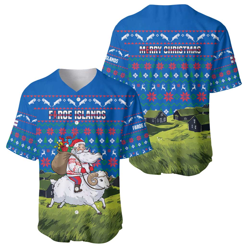 Faroe Islands Christmas Baseball Jersey with Santa Riding Sheep Grass Roof Houses and Blue Nordic Pattern Design - Wonder Print Shop