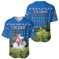 Faroe Islands Christmas Baseball Jersey with Santa Riding Sheep Grass Roof Houses and Blue Nordic Pattern Design - Wonder Print Shop