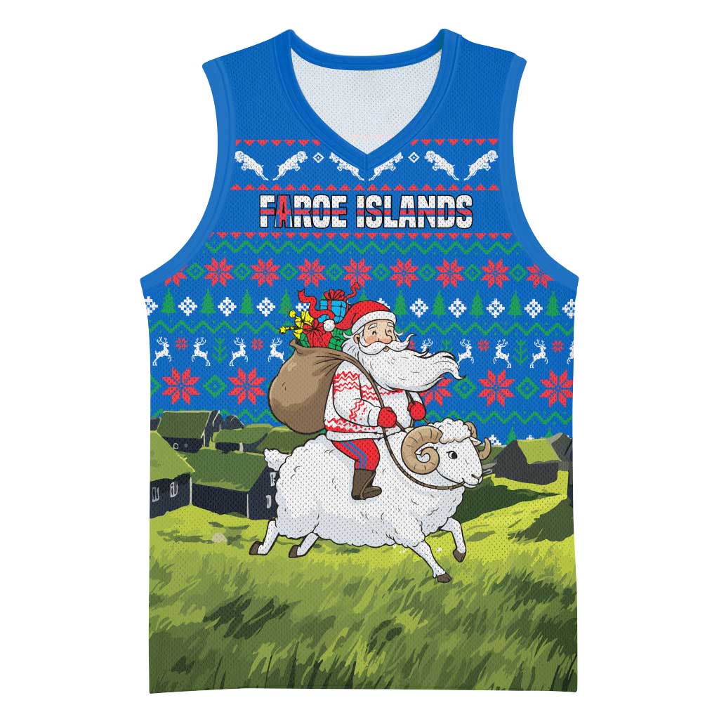 Faroe Islands Christmas Basketball Jersey with Santa Riding Sheep Grass Roof Houses and Blue Nordic Pattern Design - Wonder Print Shop