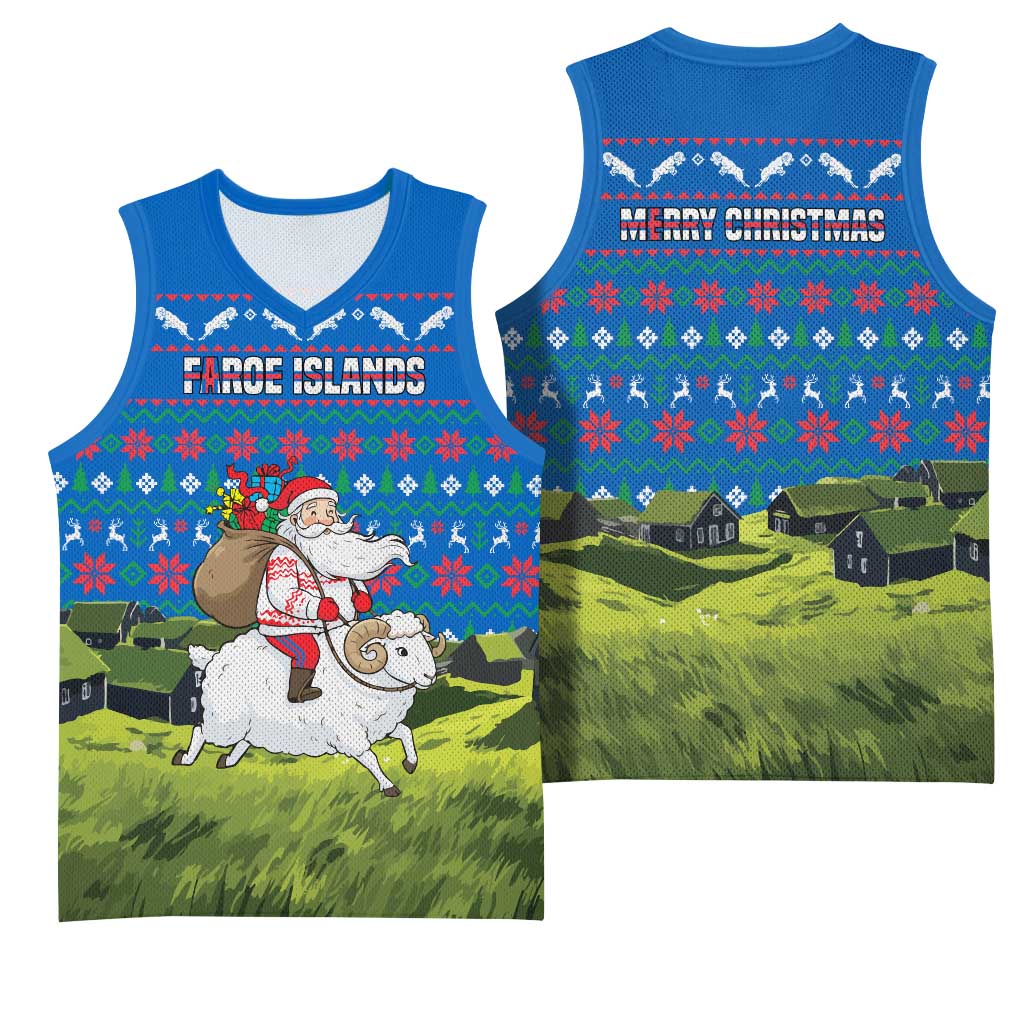 Faroe Islands Christmas Basketball Jersey with Santa Riding Sheep Grass Roof Houses and Blue Nordic Pattern Design - Wonder Print Shop