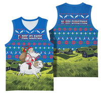 Faroe Islands Christmas Basketball Jersey with Santa Riding Sheep Grass Roof Houses and Blue Nordic Pattern Design - Wonder Print Shop
