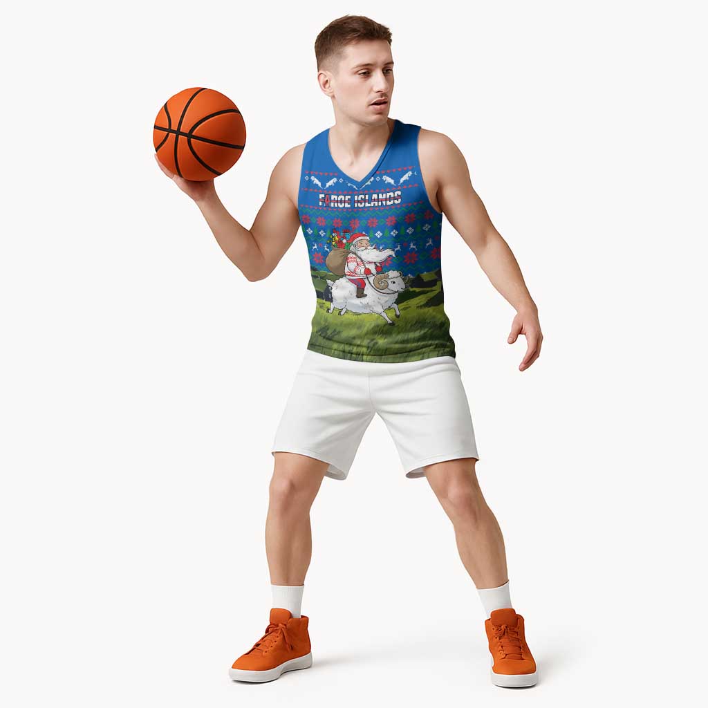 Faroe Islands Christmas Basketball Jersey with Santa Riding Sheep Grass Roof Houses and Blue Nordic Pattern Design - Wonder Print Shop