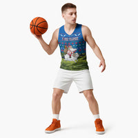 Faroe Islands Christmas Basketball Jersey with Santa Riding Sheep Grass Roof Houses and Blue Nordic Pattern Design - Wonder Print Shop