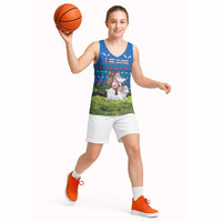 Faroe Islands Christmas Basketball Jersey with Santa Riding Sheep Grass Roof Houses and Blue Nordic Pattern Design - Wonder Print Shop