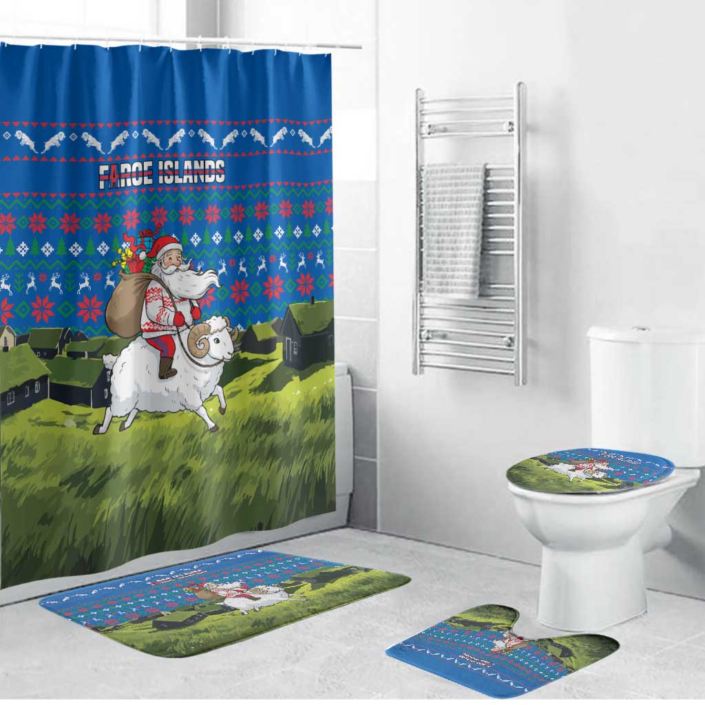 Faroe Islands Christmas Bathroom Set with Santa Riding Sheep Grass Roof Houses and Blue Nordic Pattern Design - Wonder Print Shop