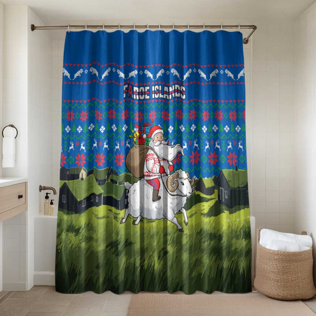 Faroe Islands Christmas Bathroom Set with Santa Riding Sheep Grass Roof Houses and Blue Nordic Pattern Design - Wonder Print Shop