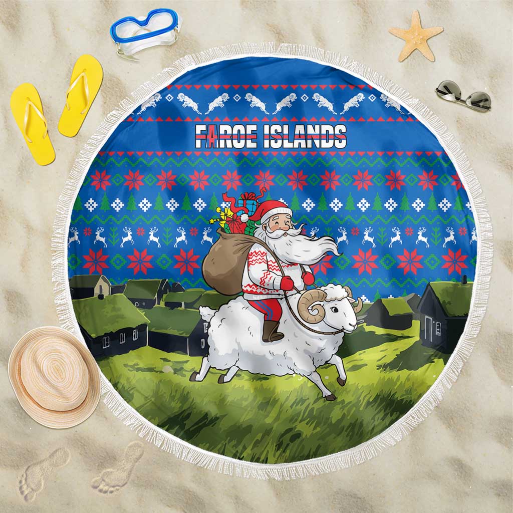 Faroe Islands Christmas Beach Blanket with Santa Riding Sheep Grass Roof Houses and Blue Nordic Pattern Design - Wonder Print Shop