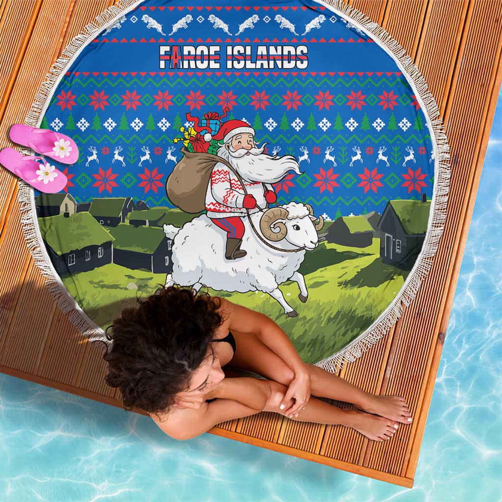 Faroe Islands Christmas Beach Blanket with Santa Riding Sheep Grass Roof Houses and Blue Nordic Pattern Design - Wonder Print Shop