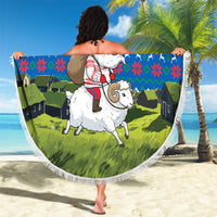 Faroe Islands Christmas Beach Blanket with Santa Riding Sheep Grass Roof Houses and Blue Nordic Pattern Design - Wonder Print Shop