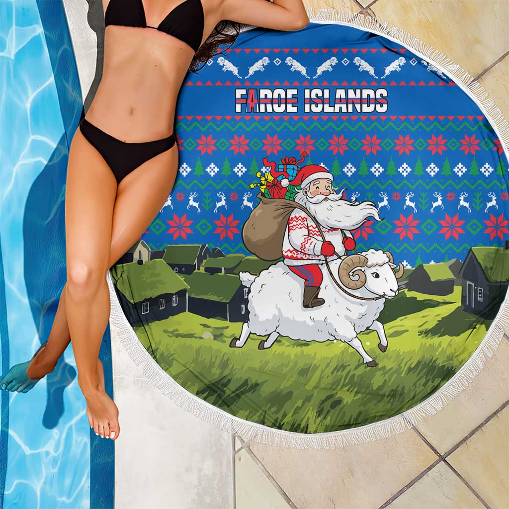 Faroe Islands Christmas Beach Blanket with Santa Riding Sheep Grass Roof Houses and Blue Nordic Pattern Design - Wonder Print Shop